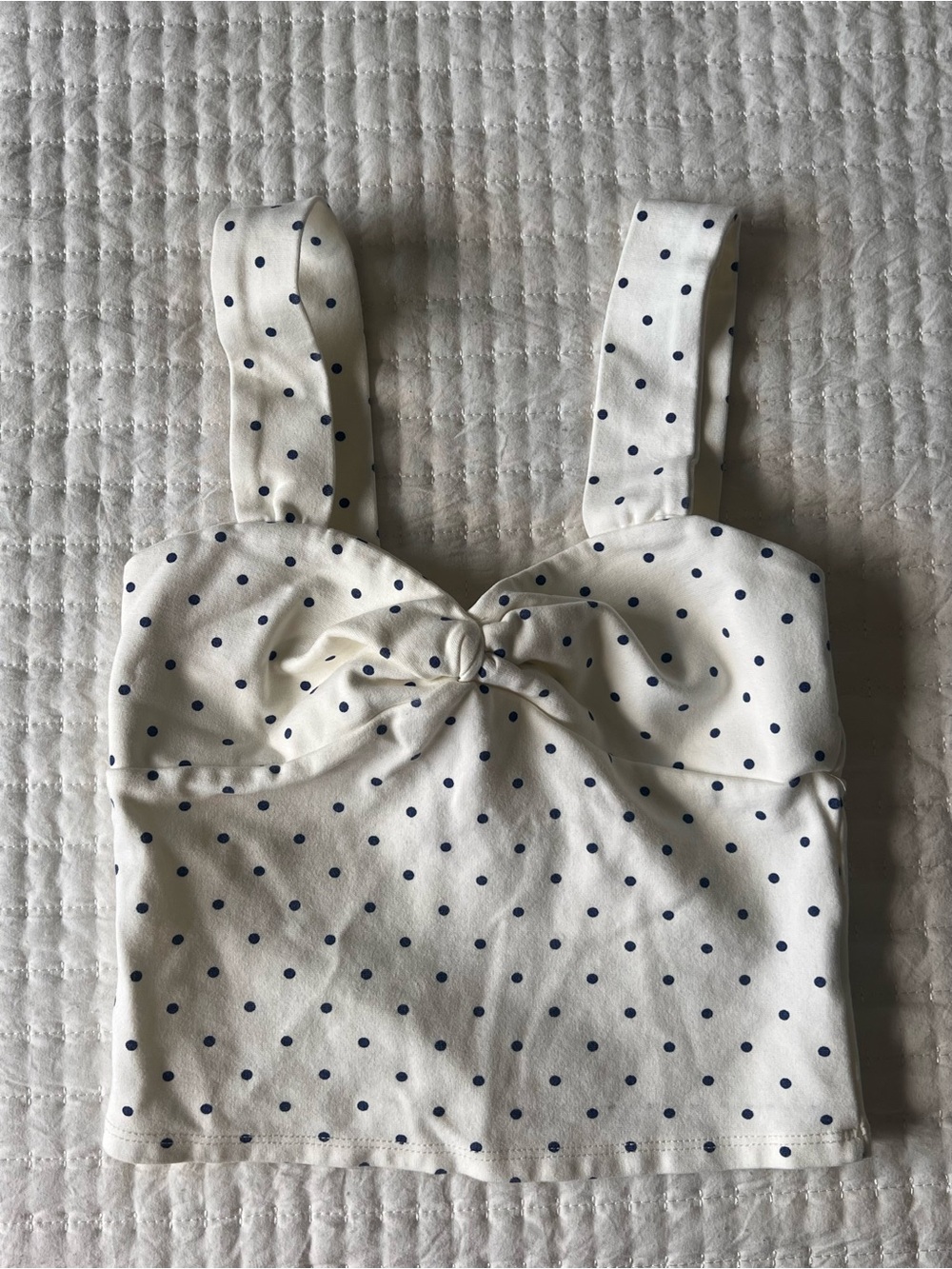 Altar'd State Cream Crop Top with Navy Polka Dots and Front Knot